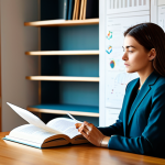 A contemplative professional woman in a modest business suit, seated at a sleek wooden desk in a modern, sunlit study. She is looking at an open book with abstract diagrams, reflecting on concepts of self-discovery and personal patterns. The background features minimalist shelves with professional books and a subtle, artistic representation of interconnected lines on the wall. Fully clothed, appropriate attire, safe for work, professional, perfect anatomy, correct proportions, natural pose, well-formed hands, proper finger count, natural body proportions, high-quality, professional photography, soft lighting.