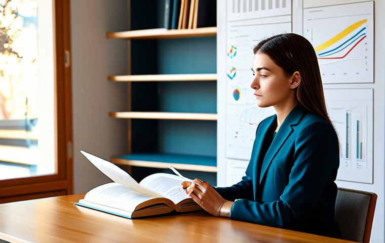 A contemplative professional woman in a modest business suit, seated at a sleek wooden desk in a modern, sunlit study. She is looking at an open book with abstract diagrams, reflecting on concepts of self-discovery and personal patterns. The background features minimalist shelves with professional books and a subtle, artistic representation of interconnected lines on the wall. Fully clothed, appropriate attire, safe for work, professional, perfect anatomy, correct proportions, natural pose, well-formed hands, proper finger count, natural body proportions, high-quality, professional photography, soft lighting.