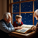 Constellation Storytelling**

"A fully clothed grandfather telling stories about the constellations to his grandchildren, using an old astronomy book, the night sky visible through a large window, warm indoor lighting, family-friendly scene, safe for work, appropriate content, professional illustration, perfect anatomy, natural proportions, well-formed hands, modest clothing, high quality."

**
