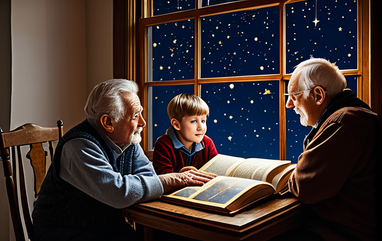 Constellation Storytelling**
"A fully clothed grandfather telling stories about the constellations to his grandchildren, using an old astronomy book, the night sky visible through a large window, warm indoor lighting, family-friendly scene, safe for work, appropriate content, professional illustration, perfect anatomy, natural proportions, well-formed hands, modest clothing, high quality."
**