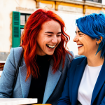 Fire & Air Friends**

"Two fully clothed friends, one with fiery red hair in a professional blazer, the other with windswept blue hair in a modest sweater, laughing together at an outdoor cafe in Lisbon, Portugal. Background: sunny day, historic buildings. Safe for work, appropriate content, perfect anatomy, natural pose, high quality, family-friendly."

**