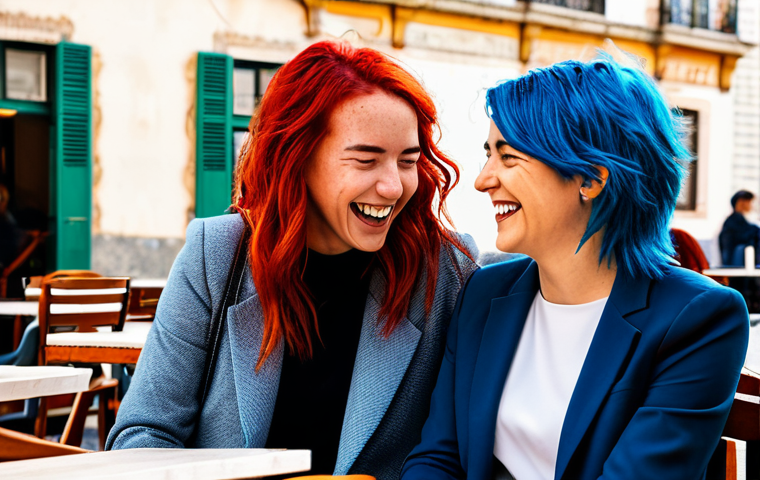 Fire & Air Friends**
"Two fully clothed friends, one with fiery red hair in a professional blazer, the other with windswept blue hair in a modest sweater, laughing together at an outdoor cafe in Lisbon, Portugal. Background: sunny day, historic buildings. Safe for work, appropriate content, perfect anatomy, natural pose, high quality, family-friendly."
**