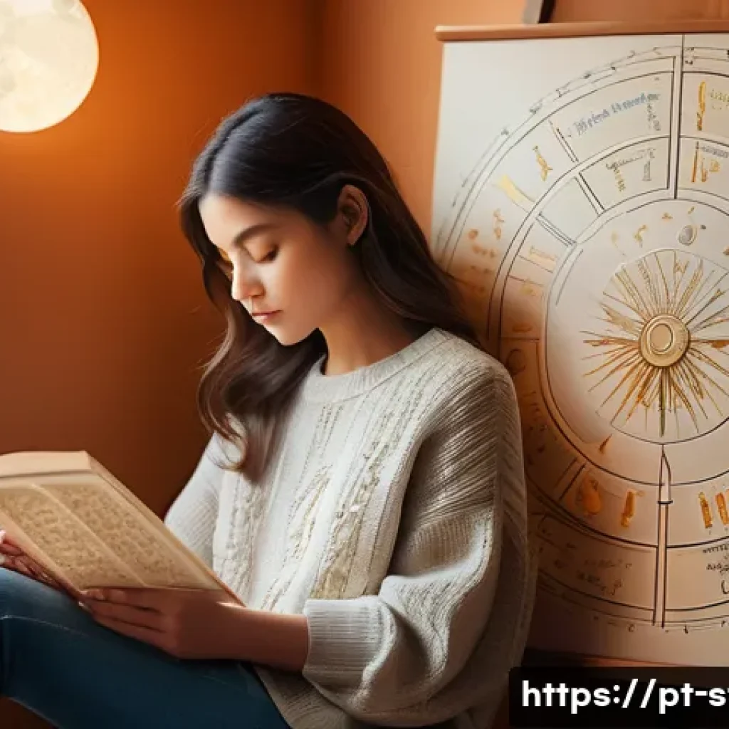 별자리와 정신 건강 - **Prompt:** A young woman, approximately 25 years old, sits peacefully in a cozy, softly lit room, h...
