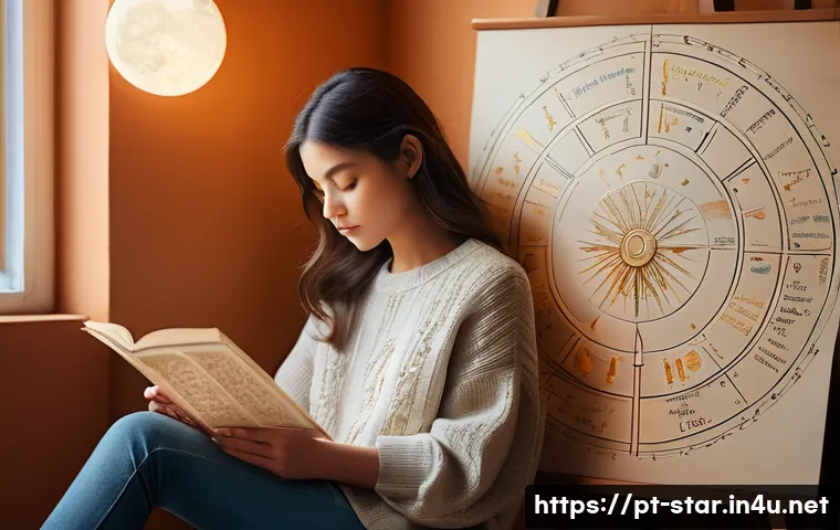 별자리와 정신 건강 - **Prompt:** A young woman, approximately 25 years old, sits peacefully in a cozy, softly lit room, h...
