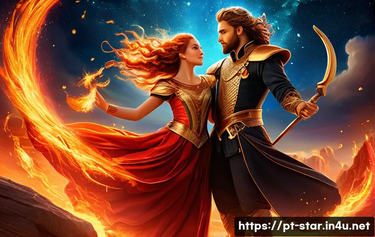 별자리와 인간관계 심리학 - A vibrant and dynamic scene illustrating the fiery zodiac signs Aries, Leo, and Sagittarius as passi...
