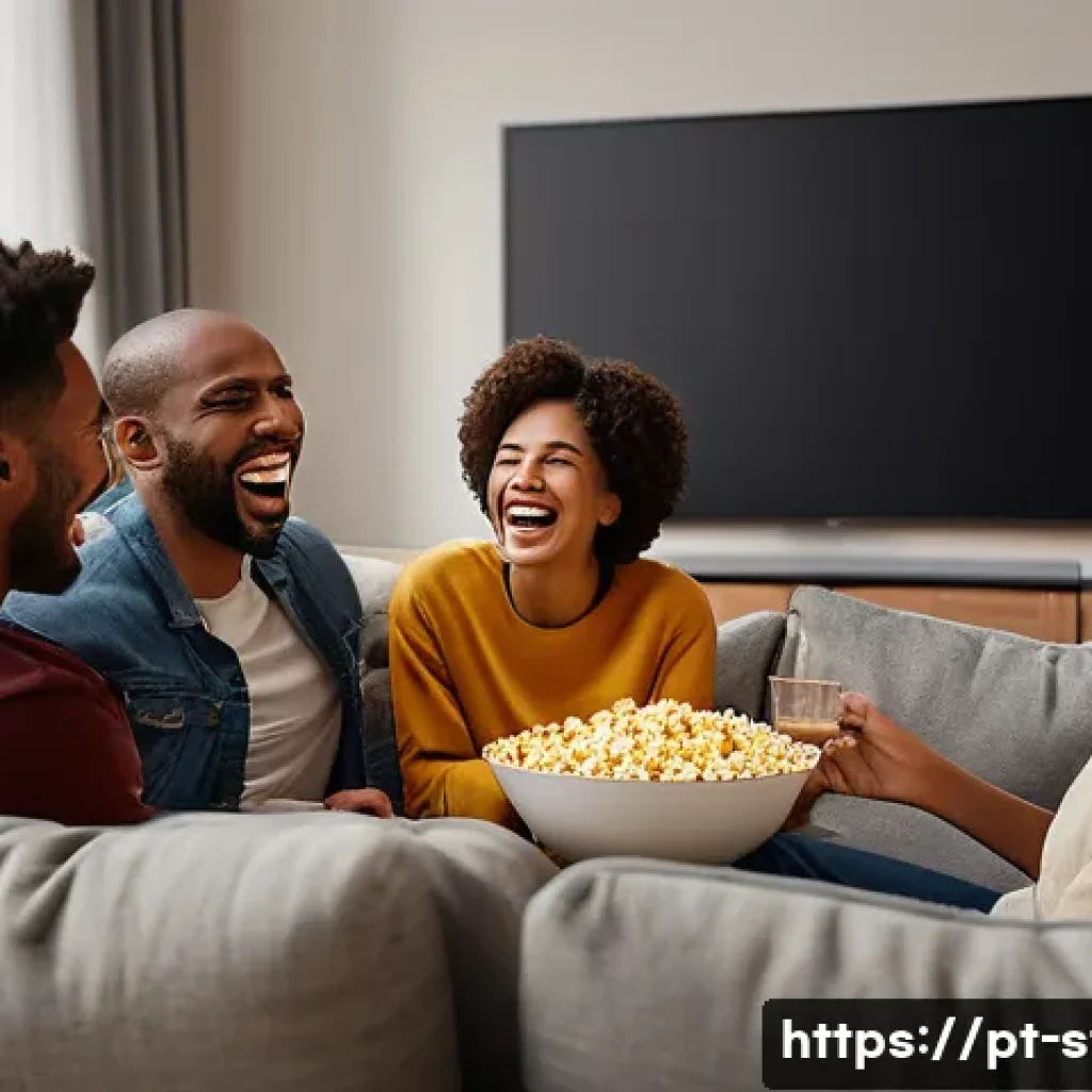 별자리와 영화 취향 - A cozy living room scene featuring a diverse group of friends laughing together while watching a rom...