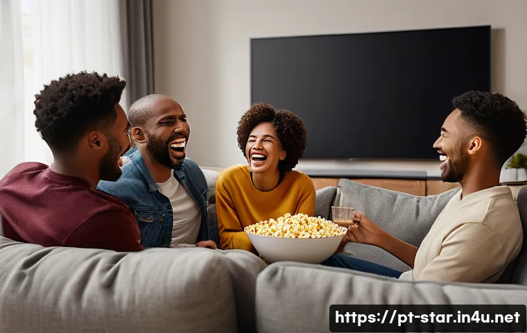 별자리와 영화 취향 - A cozy living room scene featuring a diverse group of friends laughing together while watching a rom...