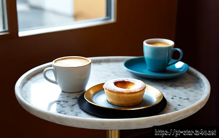별자리와 카페 스타일 - Photorealistic cozy Lisbon-style café interior at golden hour, a small round marble table with a cer...