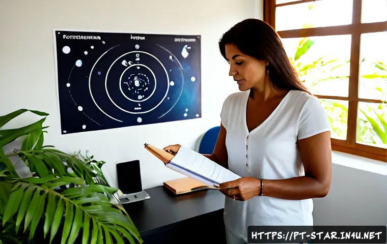 별자리와 명왕성 위치별 극복 능력 - Photorealistic Brazilian woman in her 40s standing confidently at a tidy home office desk, thoughtfu...