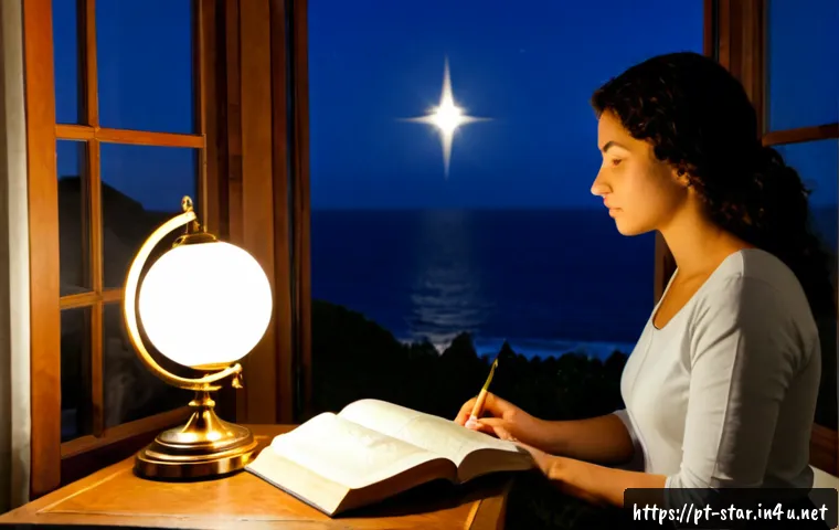 Home 17 별자리와 철학 - Photorealistic evening study scene in a Portuguese coastal home, an open antique philosophy book bes...