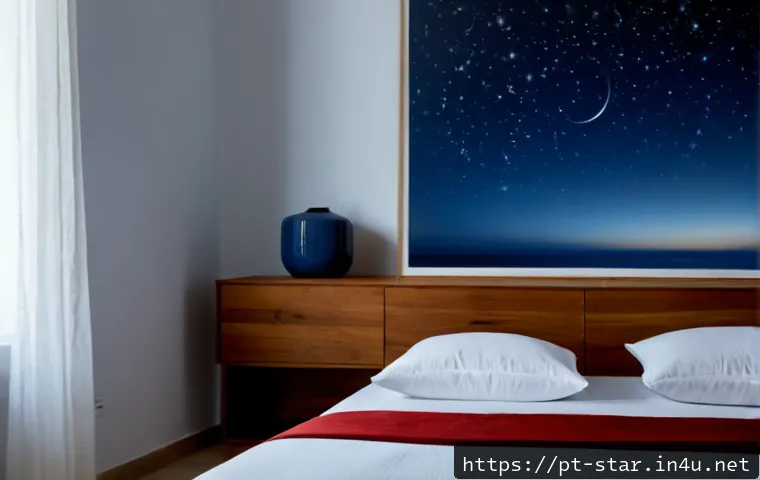 Home 17 별자리와 미니멀리즘 - Photorealistic minimalist bedroom in a Portuguese coastal apartment at blue hour, a neatly made whit...